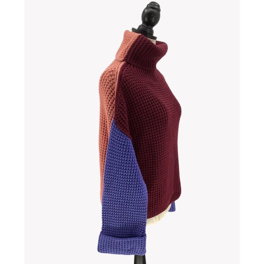 FREE PEOPLE Wine Colorblock Park City Slouchy Waffle Cotton Blend Sweater Est. S - Picture 3 of 8